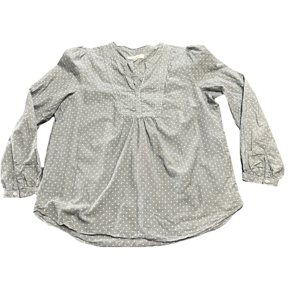 Loft Womans Light Gray Smocked Blouse Boho Top Gray White L Long Slv